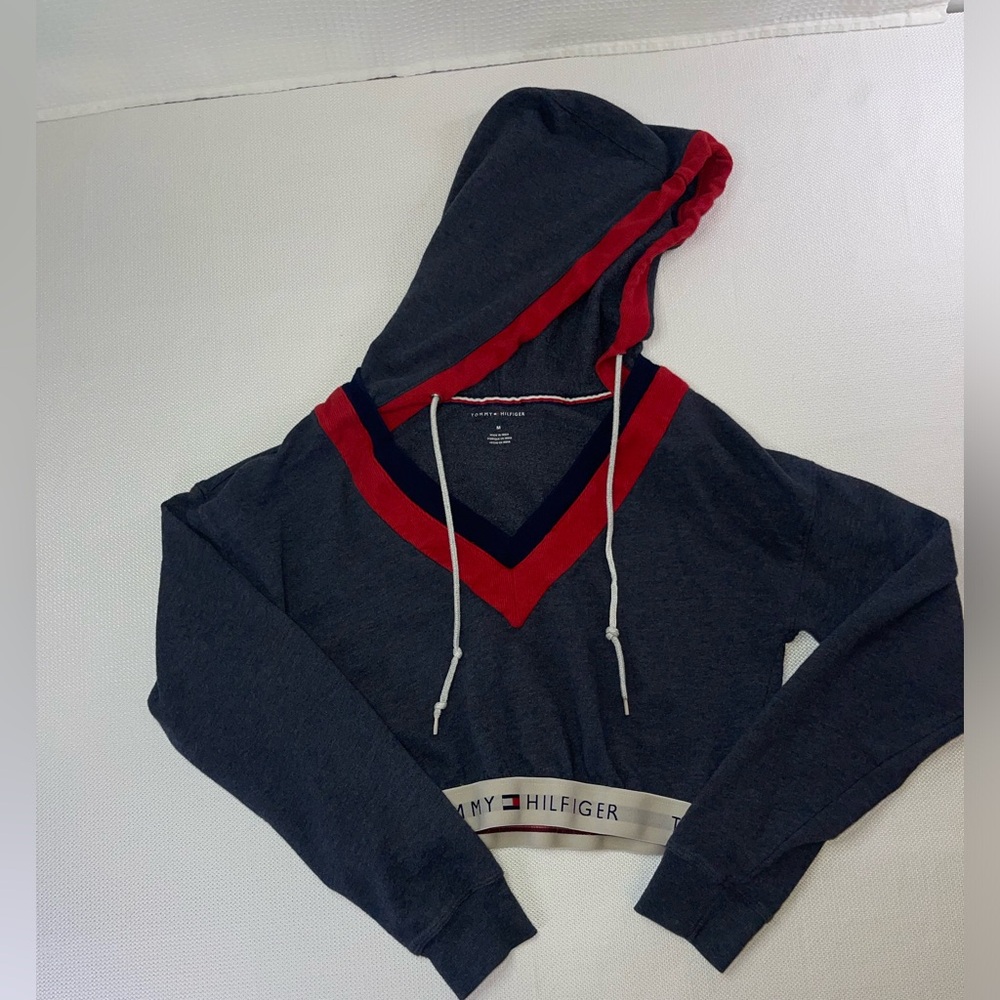 Tommy Hilfiger Cropped Pullover Hoodie Size Medium Vintage A - Picture 4 of 9